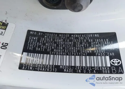 2014 Toyota Corolla L/Le/Le Pls/Prm/S/S Pls from USA, damaged, VIN 5YFBURHE1EP011247